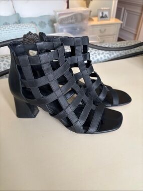 Donald J. Pliner Black Strappy Cage Block Heel Sandals